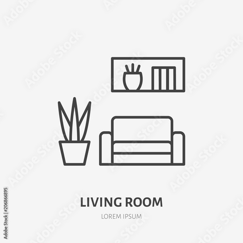 Living room flat line icon. Apartment furniture sign, vector illustration of sofa, plant in pot, decorations. Thin linear logo for interior store.