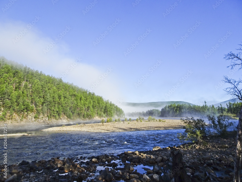 Landscape: early morning and fog over the river