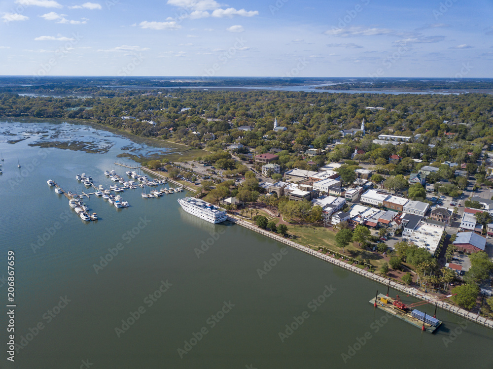 Aerial view of tourist destination of Beaufort, South Carolina with cruise ship in port.