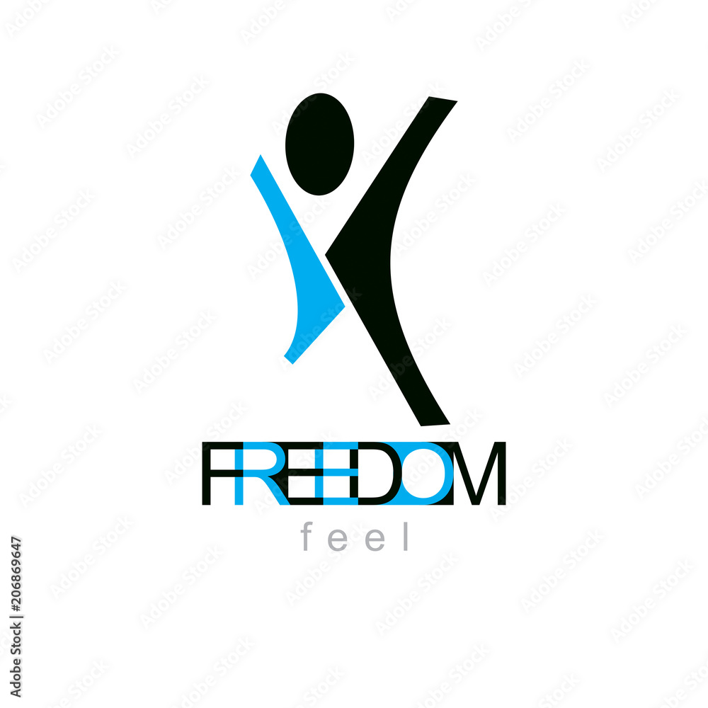 Vector illustration of happy abstract individual with raised hands up. Liberty conceptual logo. Happiness metaphor symbol. Business innovation idea creative logotype. Vector illustration of happy abstract individual with raised hands up. Liberty conceptual logo. Happiness metaphor symbol. Business innovation idea creative logotype.