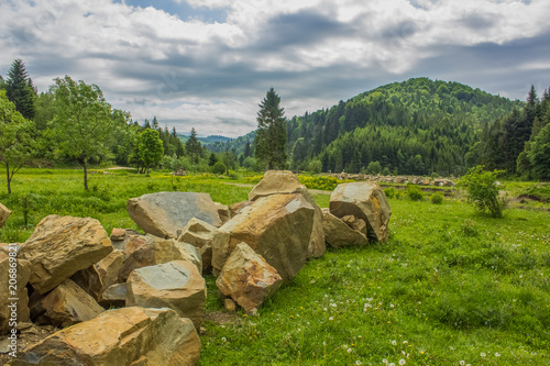 summer sorest mountain valley beautiful landscape with stones