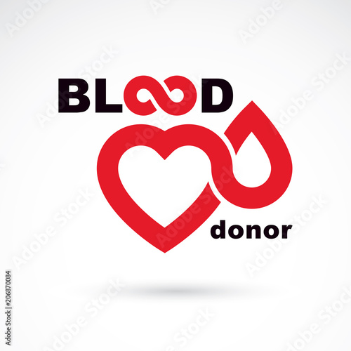 Blood donor inscription isolated on white and made using vector red blood drops, heart shape and limitless symbol. The 14 June, world blood donor day. Medical logo.