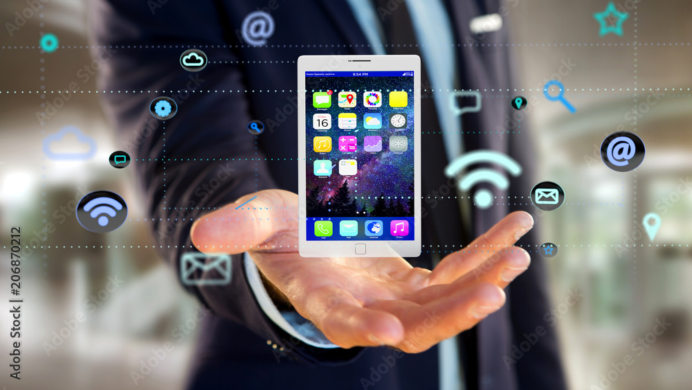 Businessman holding a tablet surrounding by app and social icon - 3d render Businessman holding a tablet surrounding by app and social icon - 3d render