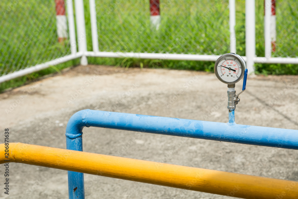 Gauge pressure flanges from LPG cylinder tank for industrial use, In safety zone Gauge pressure flanges from LPG cylinder tank for industrial use, In safety zone