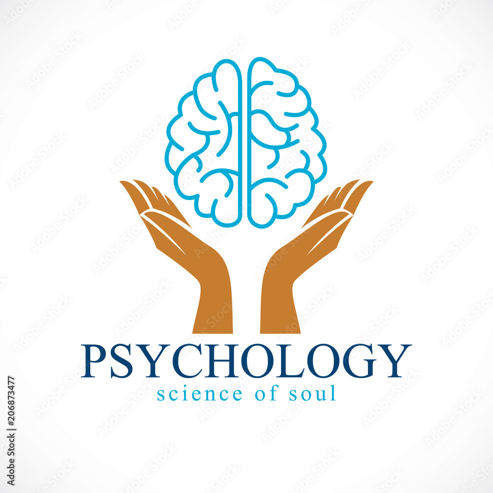 Human anatomical brain with tender guarding hands, mental health psychology conceptual logo or icon, protection of individuality and education. Vector simple classic design. Human anatomical brain with tender guarding hands, mental health psychology conceptual logo or icon, protection of individuality and education. Vector simple classic design.