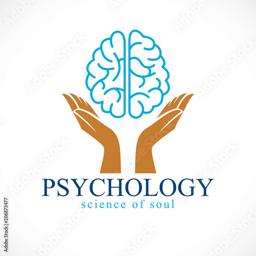 Human anatomical brain with tender guarding hands, mental health psychology conceptual logo or icon, protection of individuality and education. Vector simple classic design.