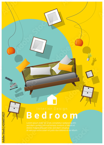 Vertical interior banner sale with bedroom furniture hovering on colorful background , vector , illustration