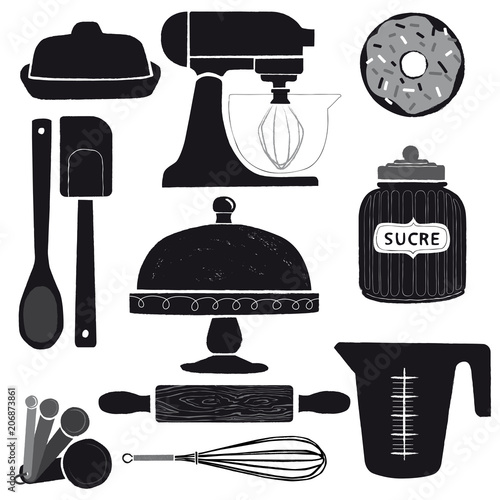 Hand draw vector pastry icon set with french text
