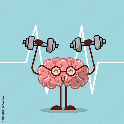 cartoon brain lifting dumbbell mental health medical vector illustration  