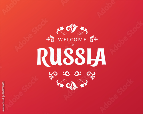 Welcome to Russia, horizontal banner, russian red background with traditional and modern elements, 2018 trend, vector template.