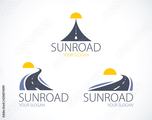 The roads to the setting sun, curved highways vector perfect design illustrations or logos set. Camping, travel and tourism themes, car or bus trip ride. Can be used as a road banners or billboards.