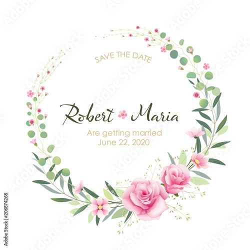 Beautiful pink floral wedding invitation card. Vector