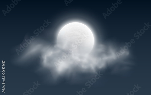 Realistic full moon with clouds on a dark background. White fog. Dark night sky. Glowing milky moon. Vector illustration