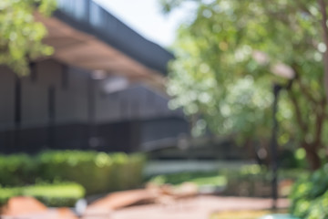 Blurred abstract background of bench under tree in green at modern eco office building in sunny day.