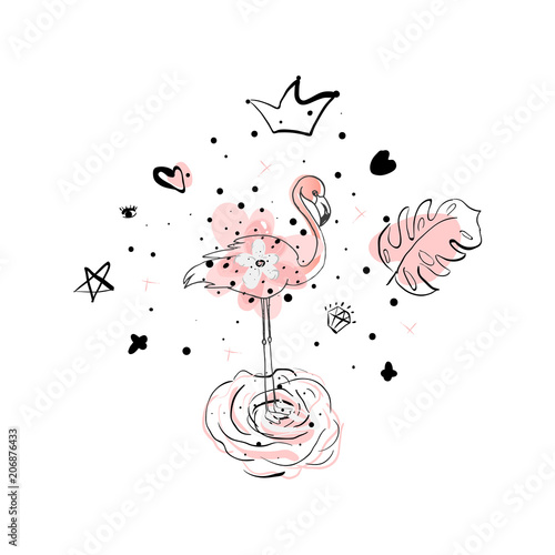 Tropical hand drawn flamingo illustration design in pastel pink with trendy hipster decoration elements. Modern print for wedding, invitations, greeting card, header, Valentine s day, anniversary, web