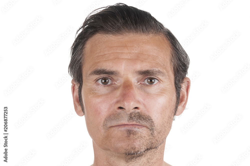 Portrait close up of adult man with half shaved face on white background