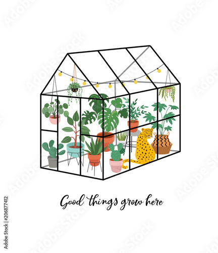 Trendy print with green home decor with plants, planters, cacti and inspirational quote. Gardening concept design