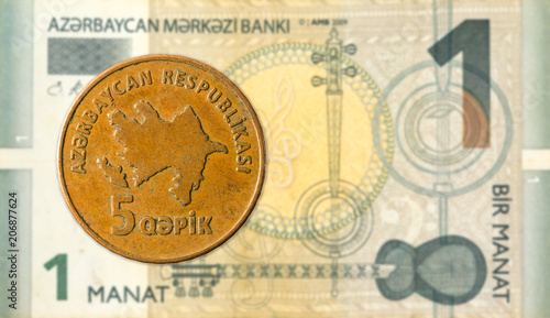 5 azerbaijani qepik coin against 1 azerbaijani manat bank note