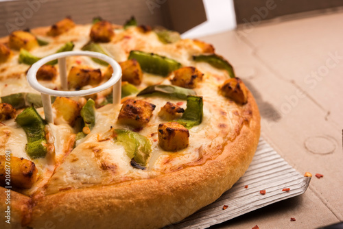 Paneer Pizza is an indian version of Italian dish topped with Cottage Cheese, served in a plate with white sauce. selective focus