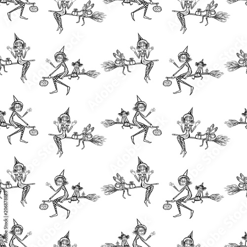 Background of young witches flying on brooms