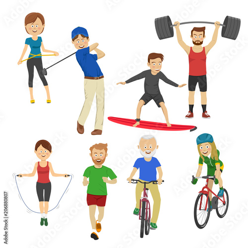 People playing different sports, golf, surfboard, jump rope, runner, barbell, bicycle on white