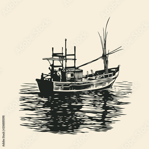 Fishing boat. Hand Drawn Decorative Design Element In Engraving Style. Vector Illustration.