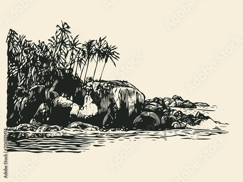 Tropical Coast With Palm Trees And Rocks. Hand Drawn Decorative Design Element In Engraving Style. Vector Illustration.