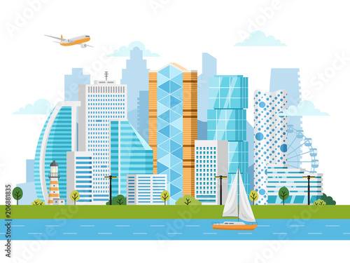Smart city vector landscape with buildings, skyscrapers and river traffic