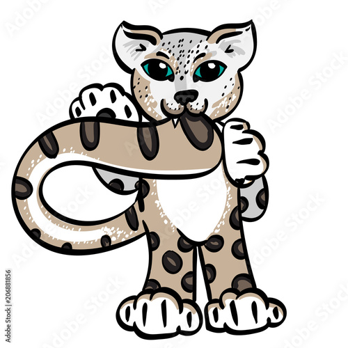 Cartoon Snow Leopard biting its own tail
