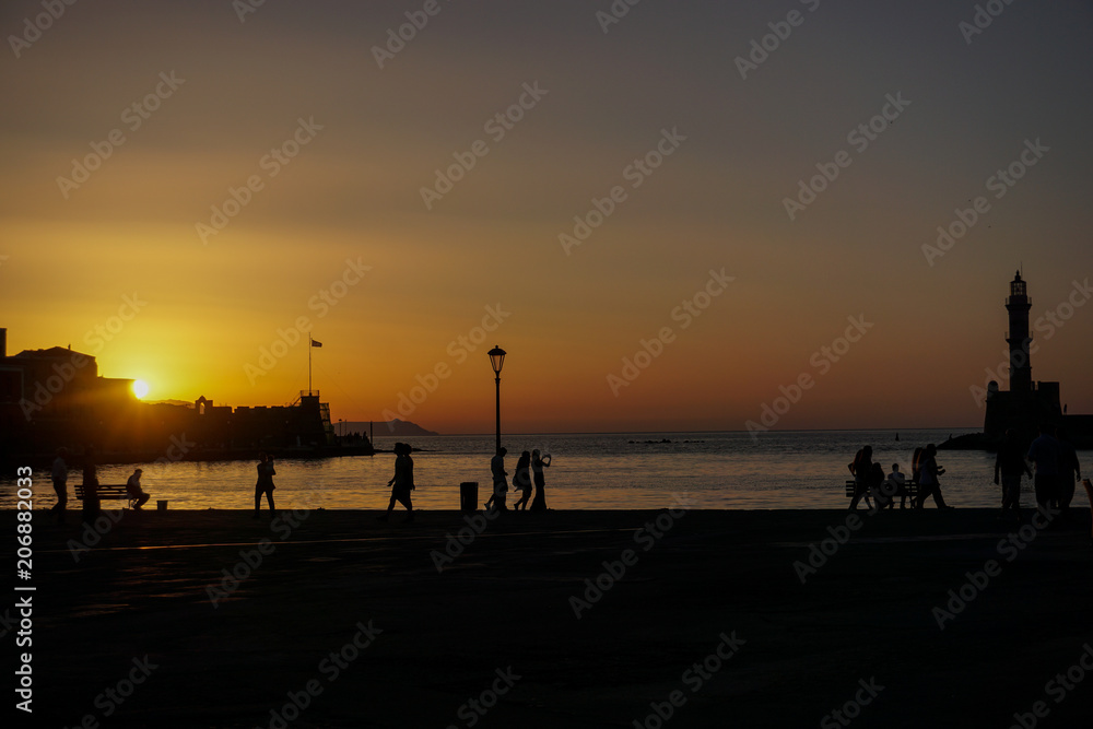 Sunset at Chania Venetian Port Silhouette Sunset at Chania Venetian Port Silhouette