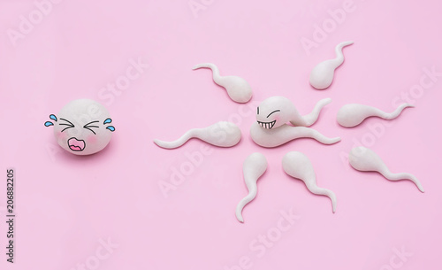 Handmade Polymer Clay Figure of Human Sperms and Human Egg, but Sperms Don't Want to Impregnate a Fertile with Egg
