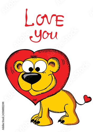 Fototapeta Naklejka Na Ścianę i Meble -  Valentine's Day Greeting Card with cute lion and hand drawn Love lettering.