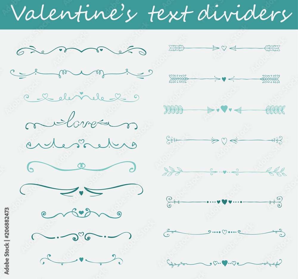 Big set of Valentine's hand drawn borders and text dividers for design of greeting cards