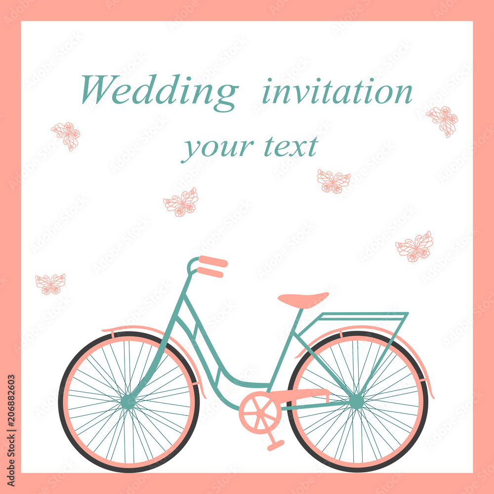 Wedding card with bicycle and butterflies. 