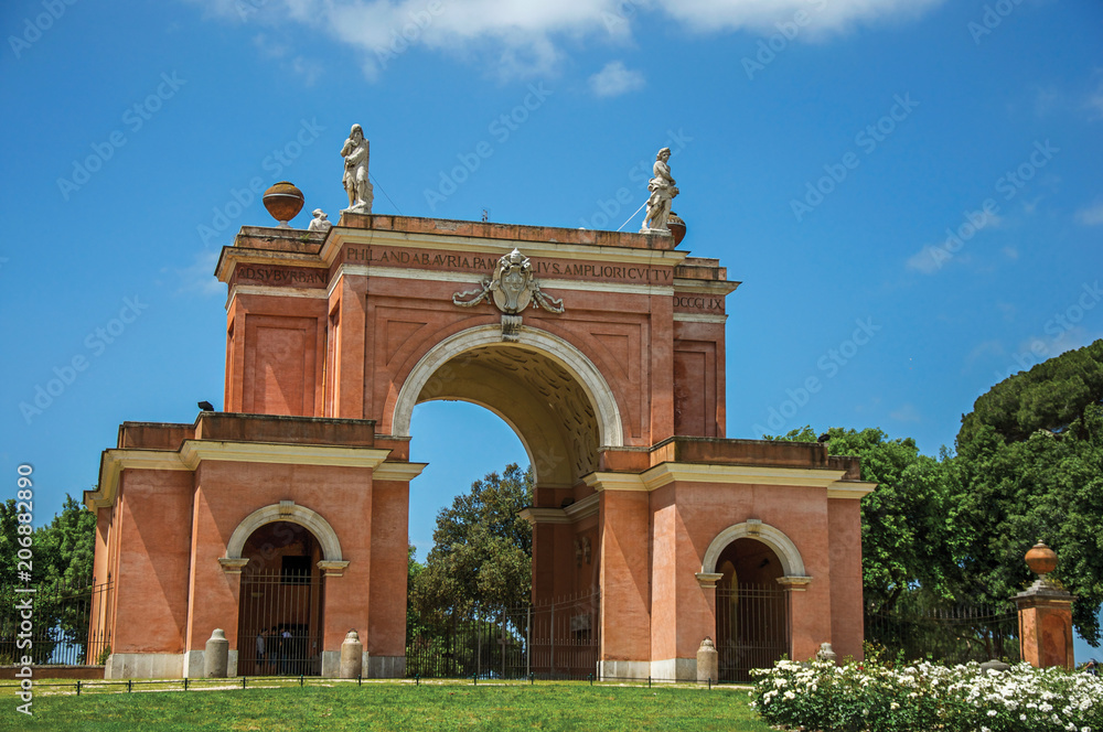 View of the unusual facade of theater in the Villa Pamphili Park on a sunny day in Rome, the incredible city of the Ancient Era, known as 