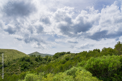 Mallorca, Silence in breathtaking green nature landscape of inland mountains with dramatic sky