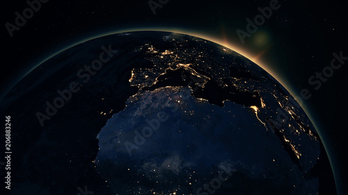 Highly detailed realistic epic sunrise over planet Earth. Europe night city skyline view from space. Globe lits up on morning from the Sun. 3D illustration using satellite imagery (NASA) in 4K