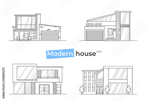 Modern stylish houses in line art. Design concept at home with texture bricks and  wood and tiles