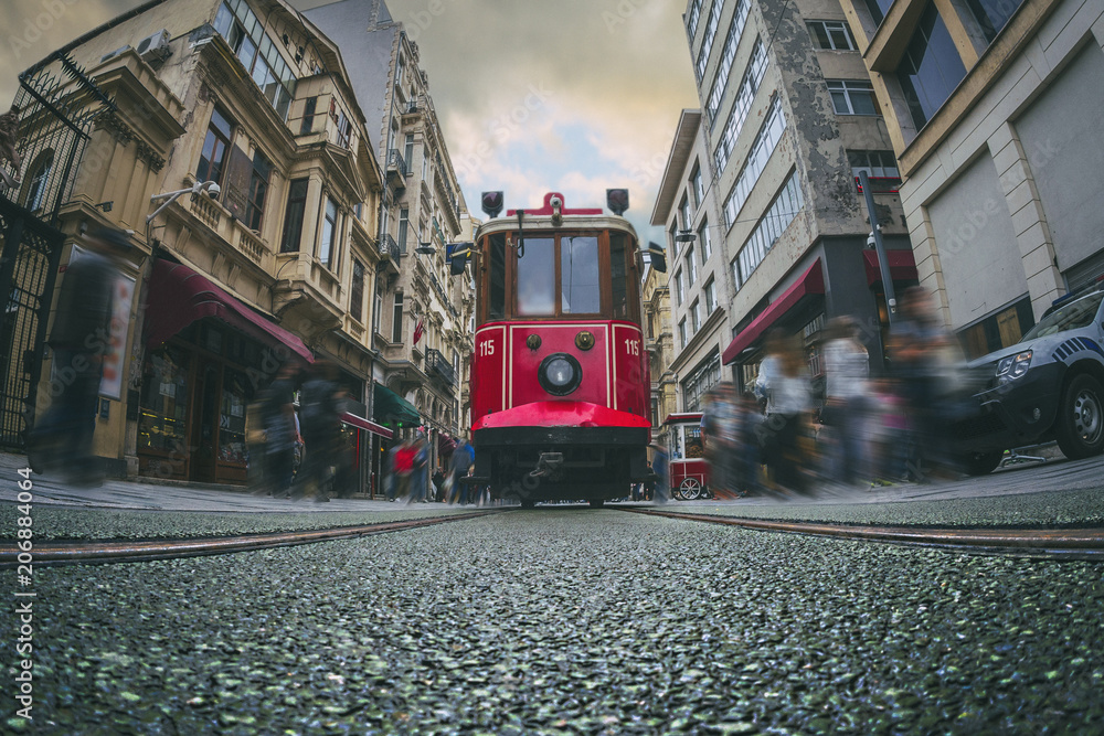 Fototapeta premium Istiklal Avenue View With Crowd of People Shot Via Fish Eye Lens Vinatge Filter Applied