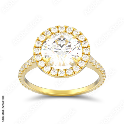 3D illustration isolated gold engagement wedding round diamond ring with shadow