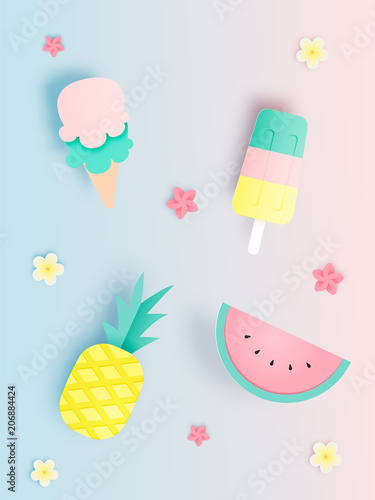 Fototapeta Letnie lody z owocami w stylu paper art w minimalistycznej pastelowej kolorystyce