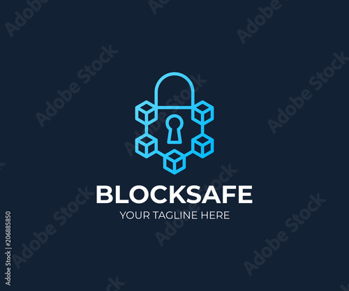 Blockchain security logo template. Cryptography vector design. Block chain and lock logotype
