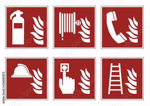 fire protection signs - emergency pictogram icon set, vector