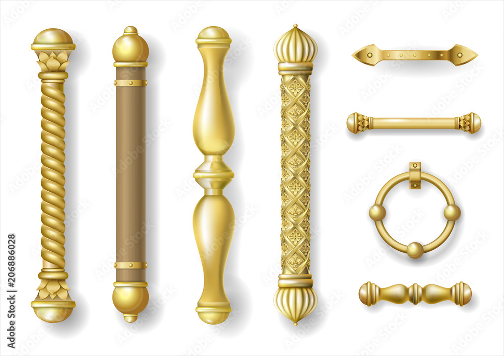 Naklejka premium Set of classic gold door handles. Baroque style. Luxurious doors. Vector graphics. Transparent shadows. Jewelry work