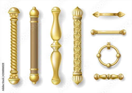 Set of classic gold door handles. Baroque style. Luxurious doors. Vector graphics. Transparent shadows. Jewelry work