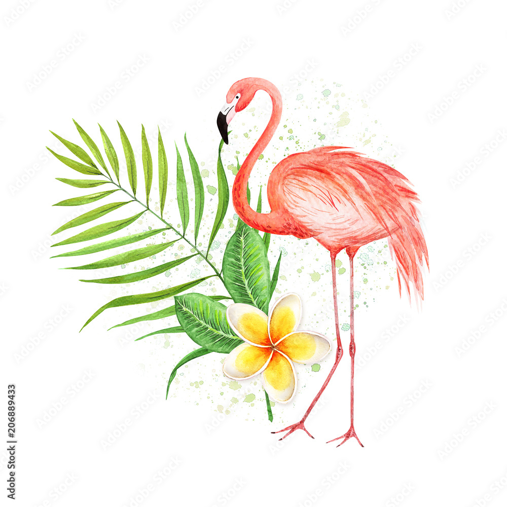 Fototapeta watercolor drawing of pink flamingos with tropical plants