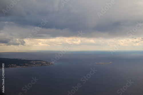 Photograph of a landscape of Menorca from the sky.