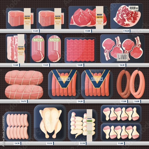 Showcase with meat products and price tags