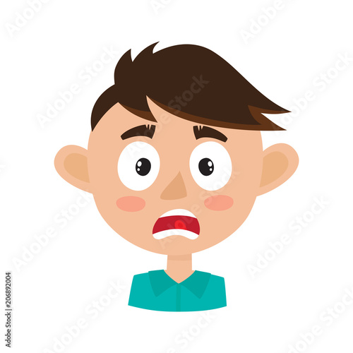 Boy scared face expression, cartoon vector illustrations isolated on white.