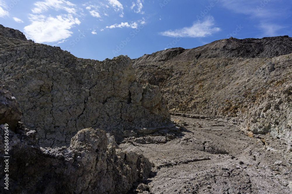 landscape - dry desert canyon with a sandy-clay bottom and weathered slopes landscape - dry desert canyon with a sandy-clay bottom and weathered slopes